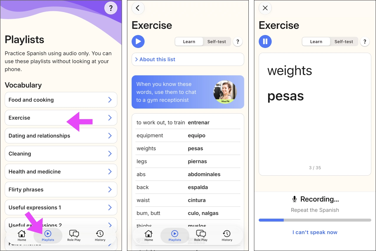 Spanish vocabulary for using with a personal trainer or in a gym